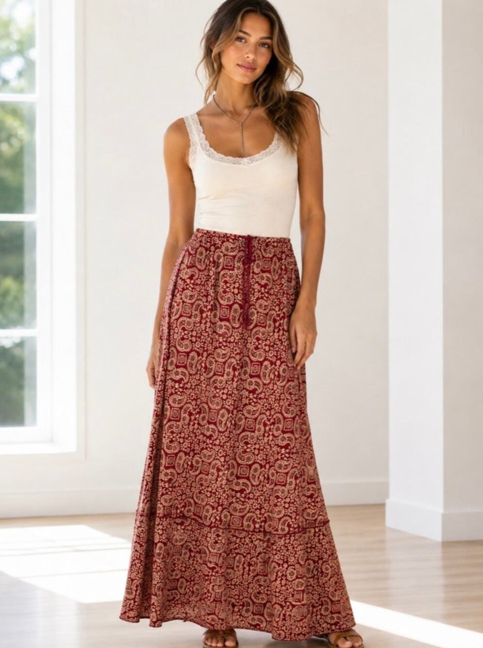 Gorgeous Boho Silk and Worsted Wool Shawl Print Batik Maxi Skirt